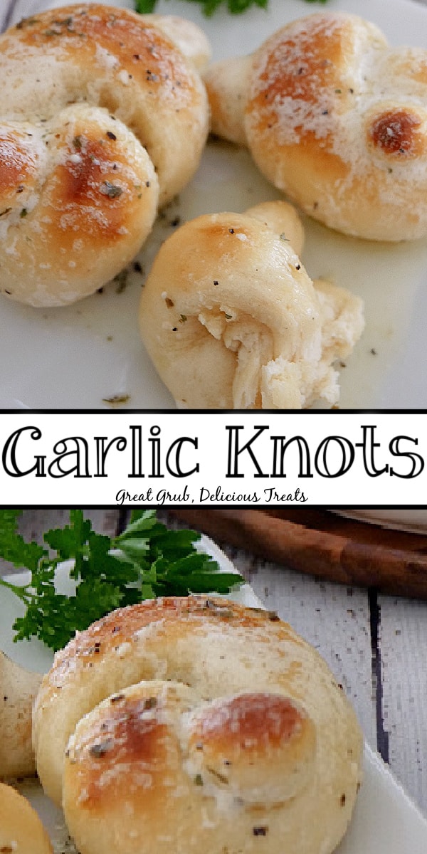 A double collage photo of homemade garlic knots with the title of the recipe in the center between the two photos.