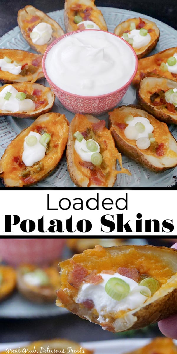 A two photo collage of loaded potato skins on a large white plate with a small red bowl of sour cream and another close up picture of a loaded potato skin with a bite taken out of it.