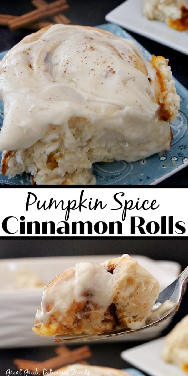 A double collage photo of a pumpkin spice cinnamon roll on a blue plate and a fork holding up a bite of the cinnamon roll and the title of the recipe is in the center of the photo.