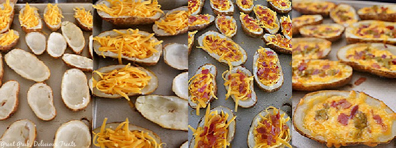 A four progress picture collage of making loaded potato skins.