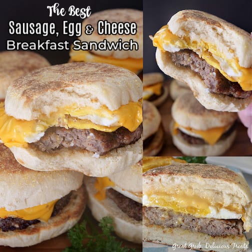 A three photo collage of sausage breakfasts sandwiches where you can see the layers of the English muffin, egg, sausage, and cheese.