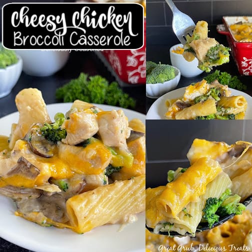 A three photo collage of cheesy chicken and broccoli casserole on a white plate.