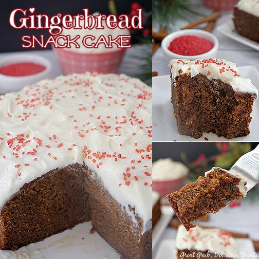 A three photo collage of gingerbread cake with frosting on top and red sprinkles.