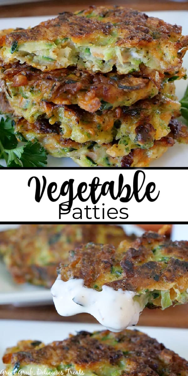 A double collage photo of homemade vegetable patties with the title of the recipe in the middle of the photo.