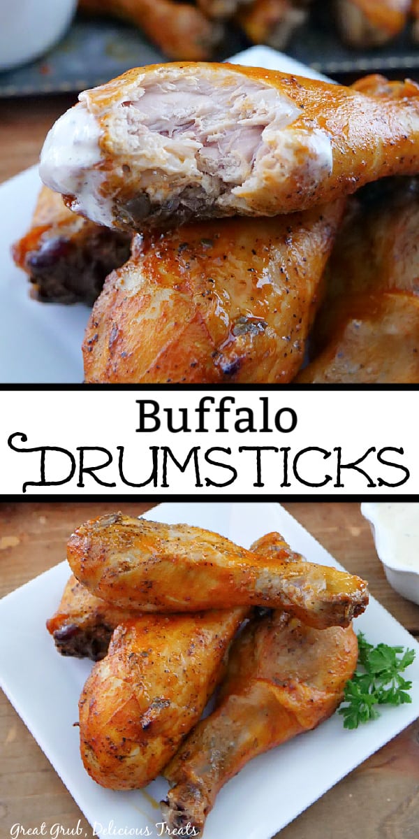 A double collage photo with a white plate with buffalo chicken drumsticks on it and one drumstick has a bite taken out of it.