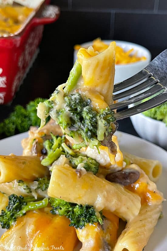 A white plate with a serving of chicken, broccoli, pasta and cheese and a fork with a bite on it.