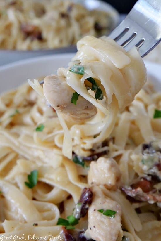 Chicken Carbonara is a creamy and delicious pasta recipe that is made with an egg based sauce, chicken, bacon, and parmesan cheese. A large bite of chicken and fettuccine pasta twirled on a fork.