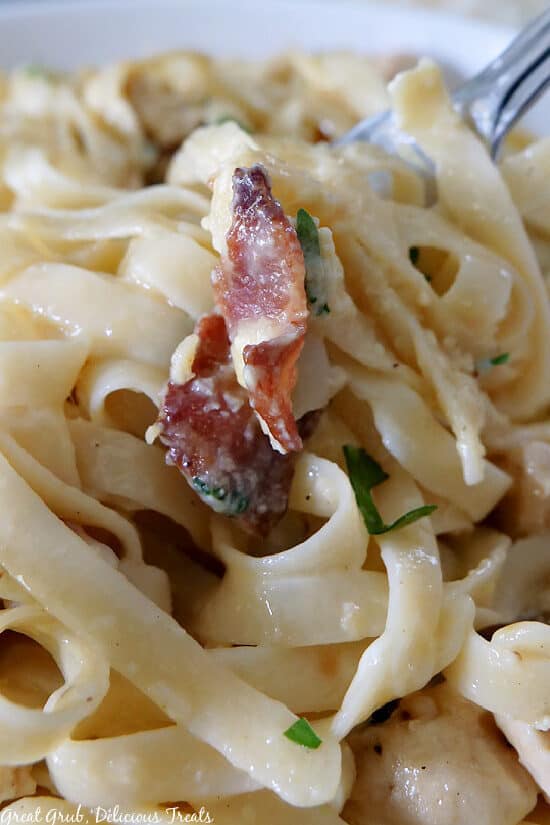 A close up photo of chicken carbonara tossed in an egg based white sauce with parmesan cheese, chicken, bacon, and parsley.