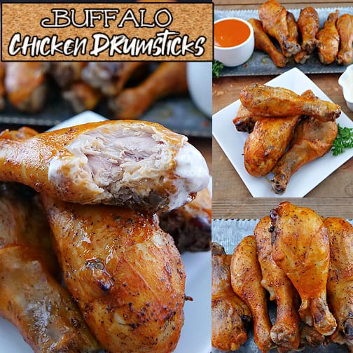 A three photo collage of buffalo chicken drumsticks with a bite taken out of one of them.