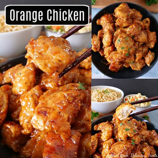 A three collage photo of orange chicken.