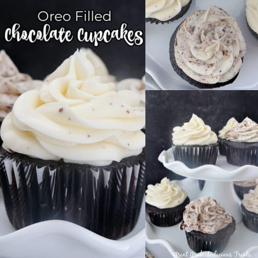 A three photo collage of chocolate cupcakes with frosting and sprinkled with Oreo crumbs.