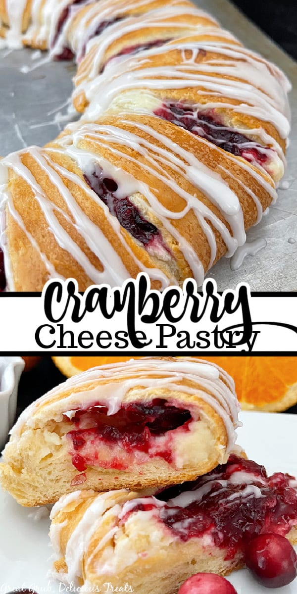 A double collage photo of a cranberry cheese pastry ring with the title of the recipe in the center of the photo.