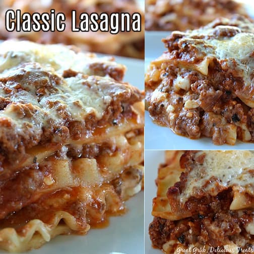 A three collage photo of Classic Lasagna.