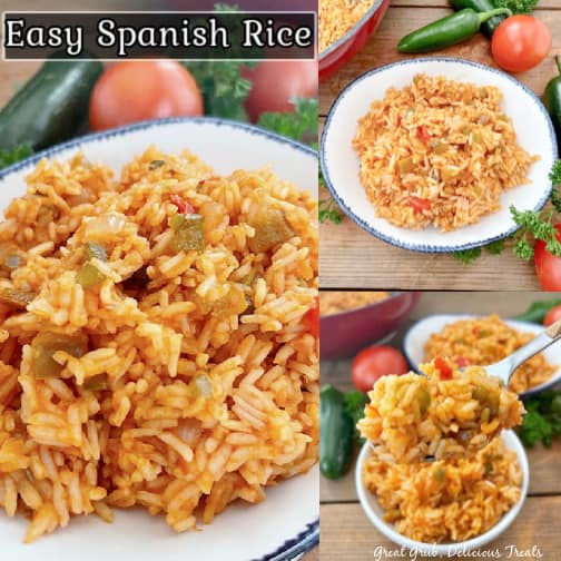 A three photo collage of Spanish rice in different bowls.