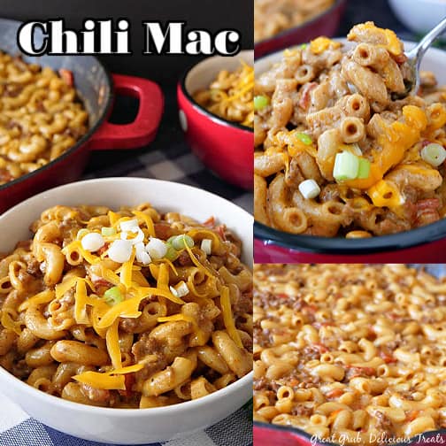 A three picture collage of Chili Mac with the title in the top left corner.