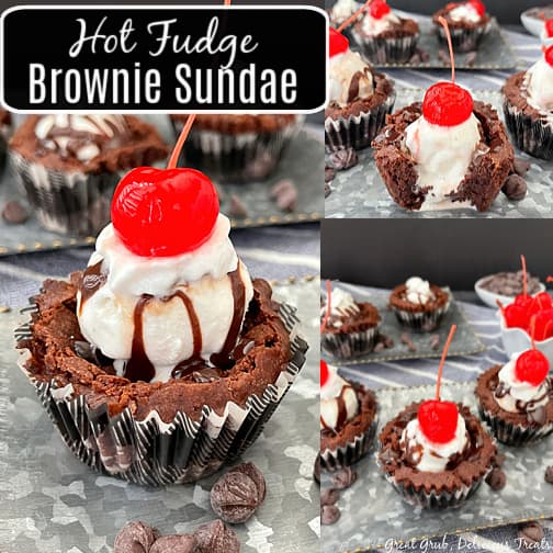 A three photo collage of brownie cups, all topped with ice cream, hot fudge, and maraschino cherries.