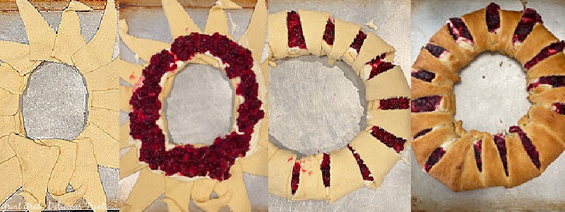 Four photos showing how to make a pastry ring.
