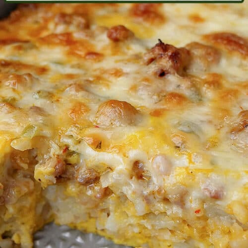 A 13x9 baking dish with sausage and egg breakfast casserole in it.