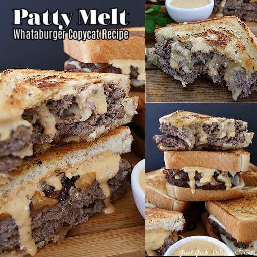 A three photo collage of homemade copycat Whataburger Patty Melt recipe.