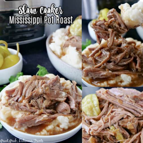 A three collage photo of Mississippi Pot Roast  with the title at the top left hand side.