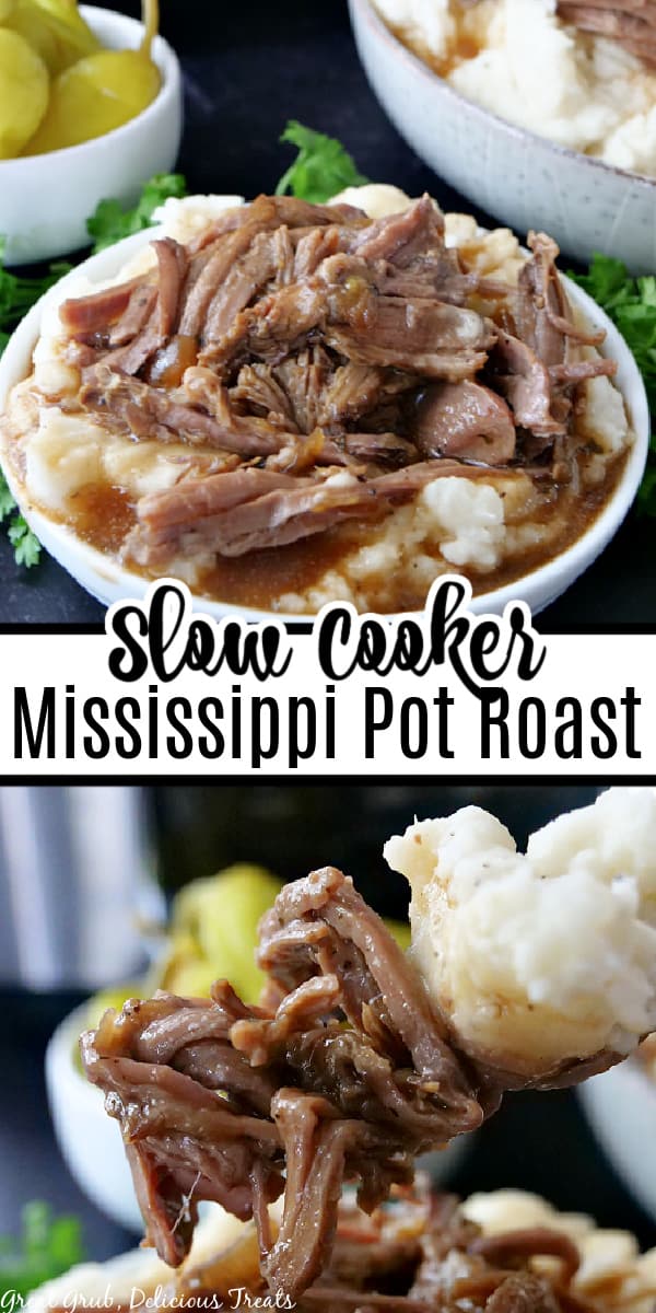 A double collage photo of Mississippi pot roast made in the slow cooker.