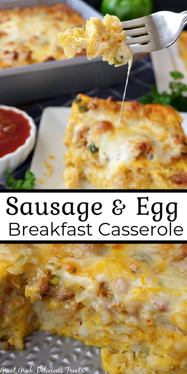 A double collage photo of a breakfast casserole with the title of the recipe in the center of the photo.