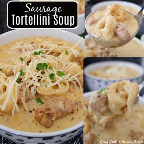 A three photo collage of sausage tortellini soup in large soup bowls, topped with parmesan cheese, and parsley.