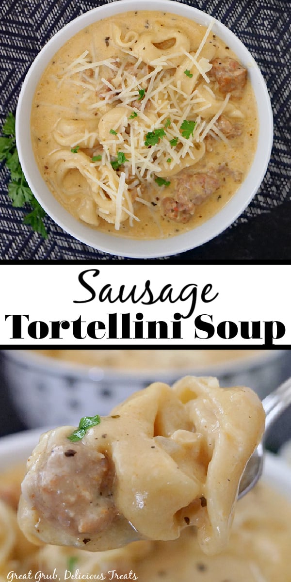 A double photo pin of tortellini soup in a white bowl with shredded parmesan cheese on top and chopped parsley.