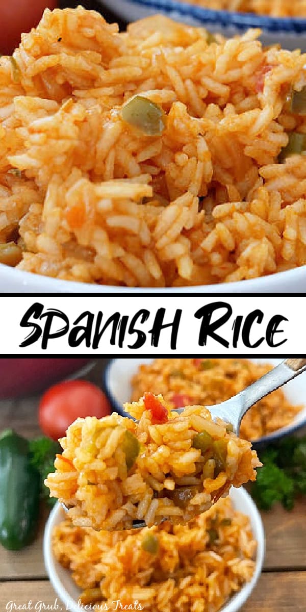 A double photo of Spanish rice in a white bowl. 