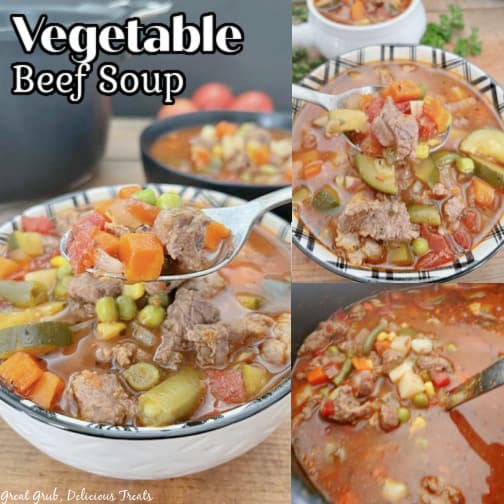A three collage photo of vegetable beef soup in a white and black bowl.