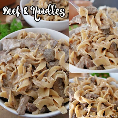 A three collage photo of beef and egg noodles in white bowls.