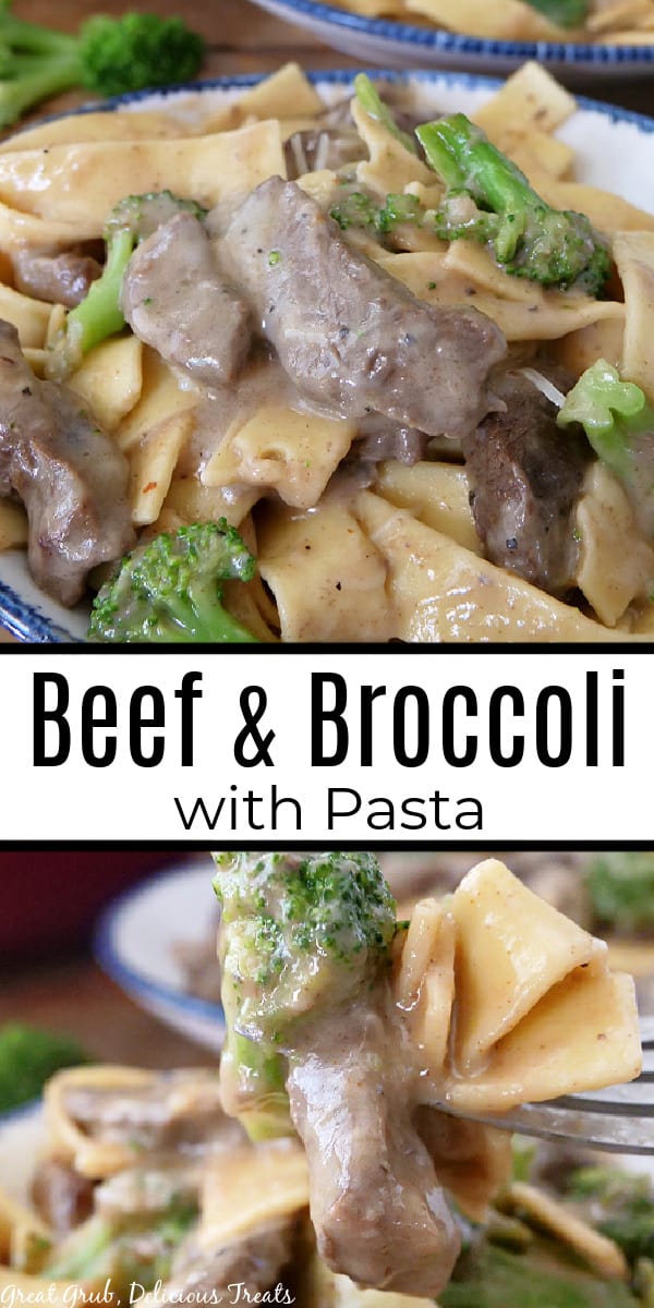 A double photo collage of beef and broccoli with pasta in a white bowl, loaded with wide noodles, beef slices, and broccoli.
