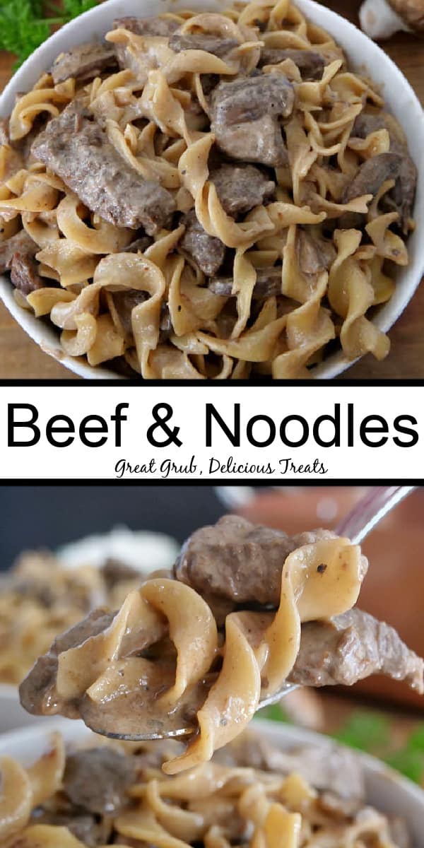 A double collage photo with beef and egg noodles in a white bowl with the title of the recipe in the center of the two photos.