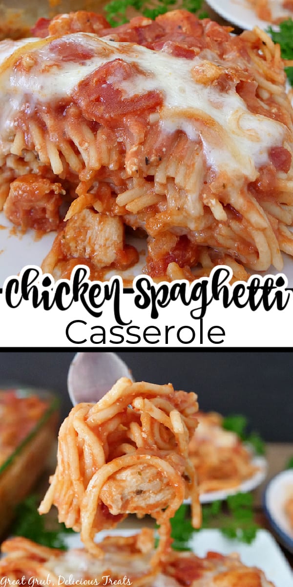 A double collage pin of chicken spaghetti casserole with the title of the recipe in the center of the photo.