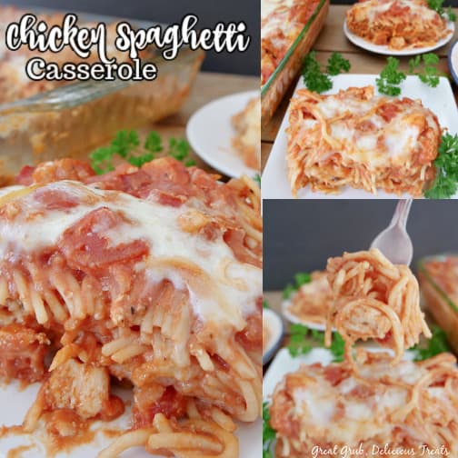 A three photo collage of spaghetti casserole with chicken.