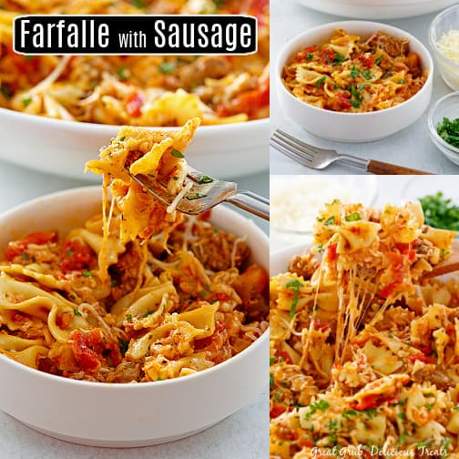 A three photo collage of a white bowl filled with a serving of Farfalle with Sausage.