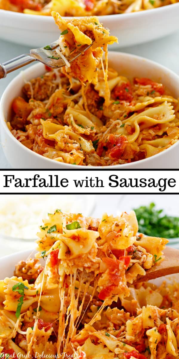 Two photos with the sausage pasta recipe in a black bowl with the title of the recipe between the two pictures.