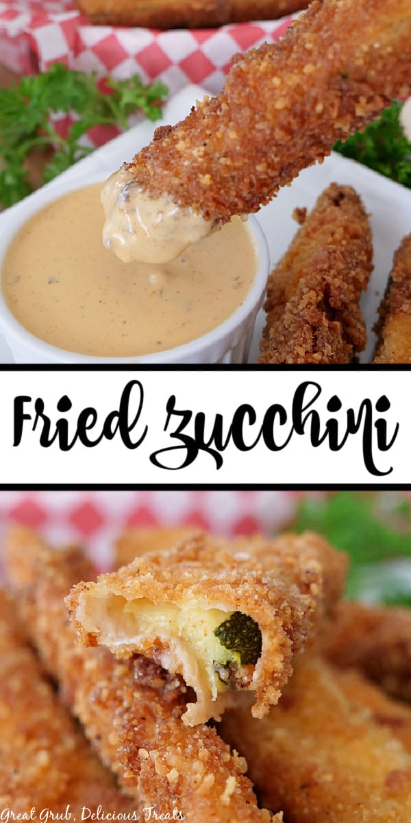 A double photo collage of fried zucchini with a dipping sauce.