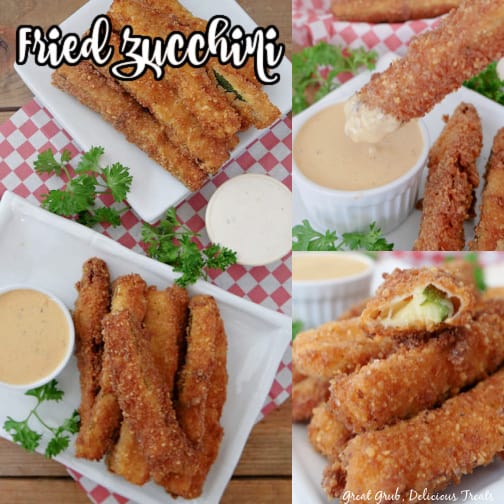A collage with three photos of crispy fried zucchini on white plates with dipping sauces.