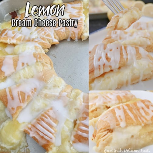 A three photo collage of a lemon pastry ring with the title of the recipe at the top right corner.