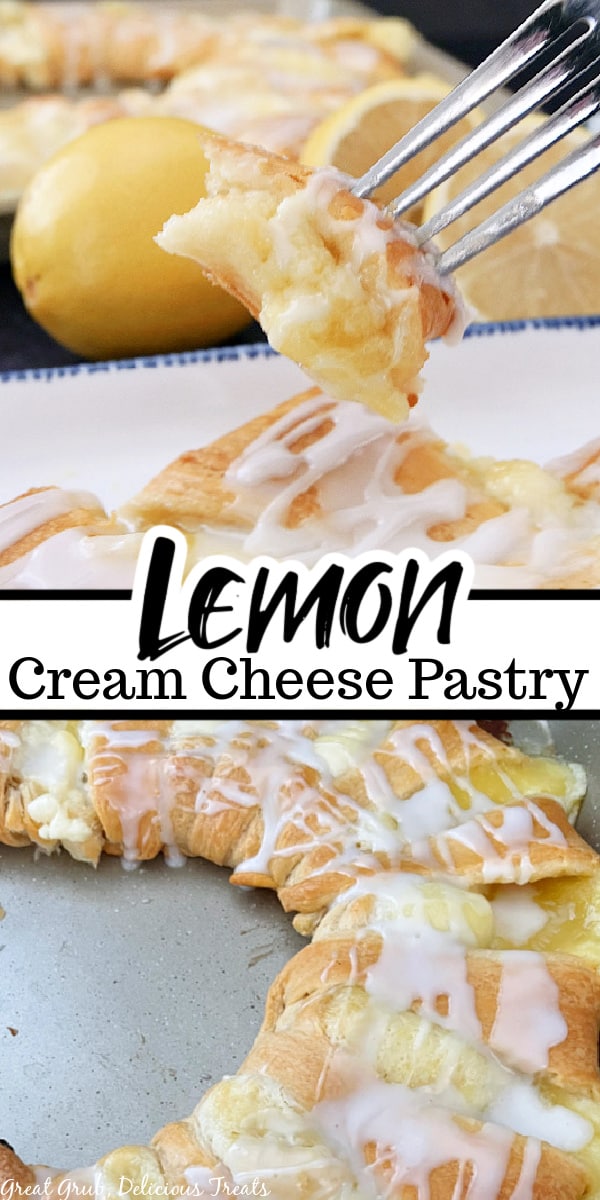 A double collage photo of a lemon cream cheese pastry ring and the title of the recipe in the center of the photo.