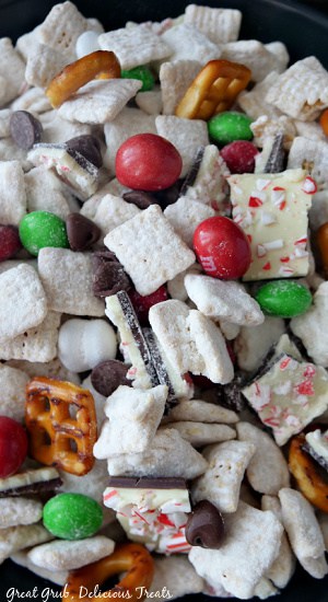 A close up photo of all the ingredients in this white chocolate puppy chow recipe.