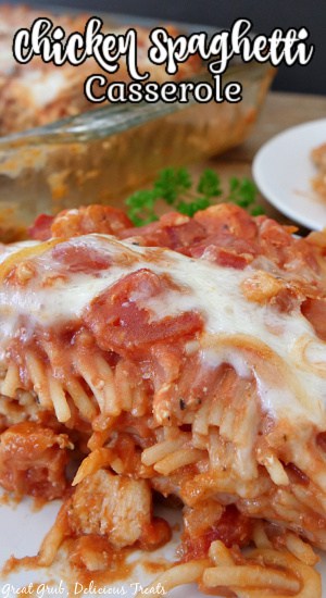 A white plate with a serving of spaghetti casserole with chicken and the title of the recipe at the top of the photo.
