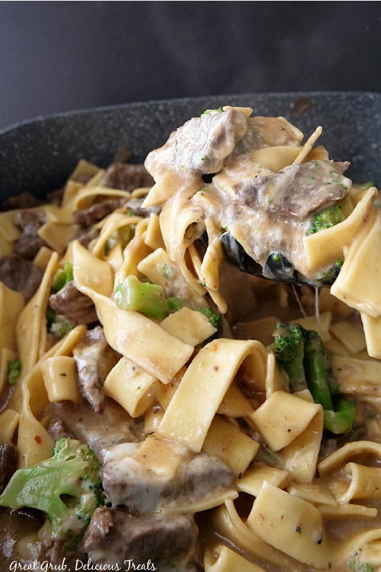 A skillet filled with wide noodles, broccoli florets, sliced beef, and a creamy sauce.