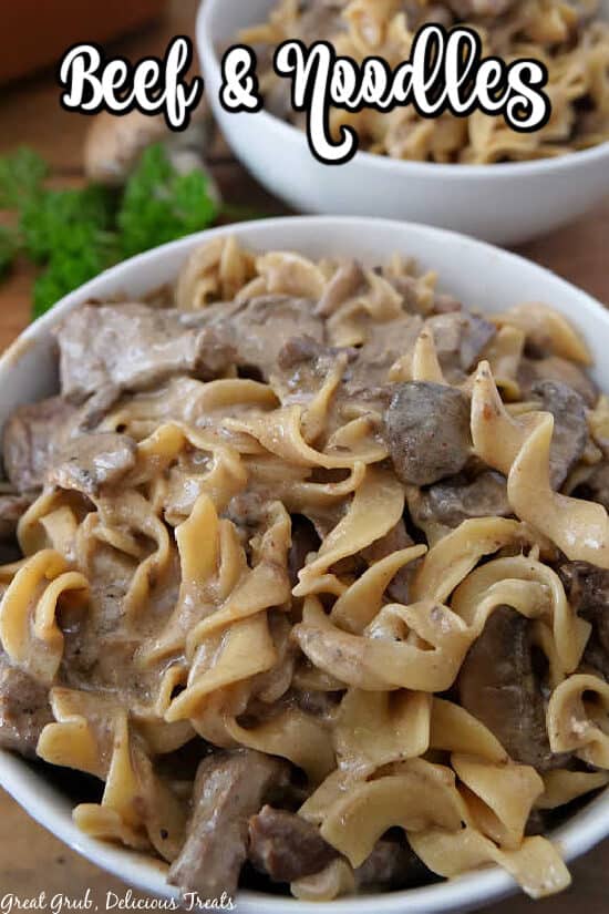 Two white bowls filled with beef and noodles.