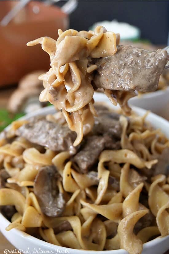 A close up photo of a fork with a big bite of egg noodles and beef on it.