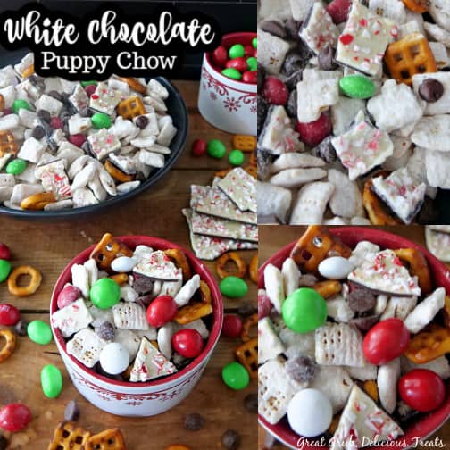 A three collage photo of white chocolate puppy chow.