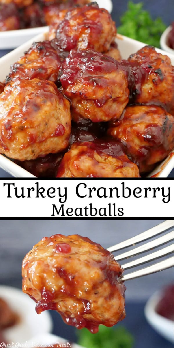 A double collage photo of a white bowl filled with turkey meatballs that are covered in a cranberry barbecue sauce and a photo of a meatball on a fork.