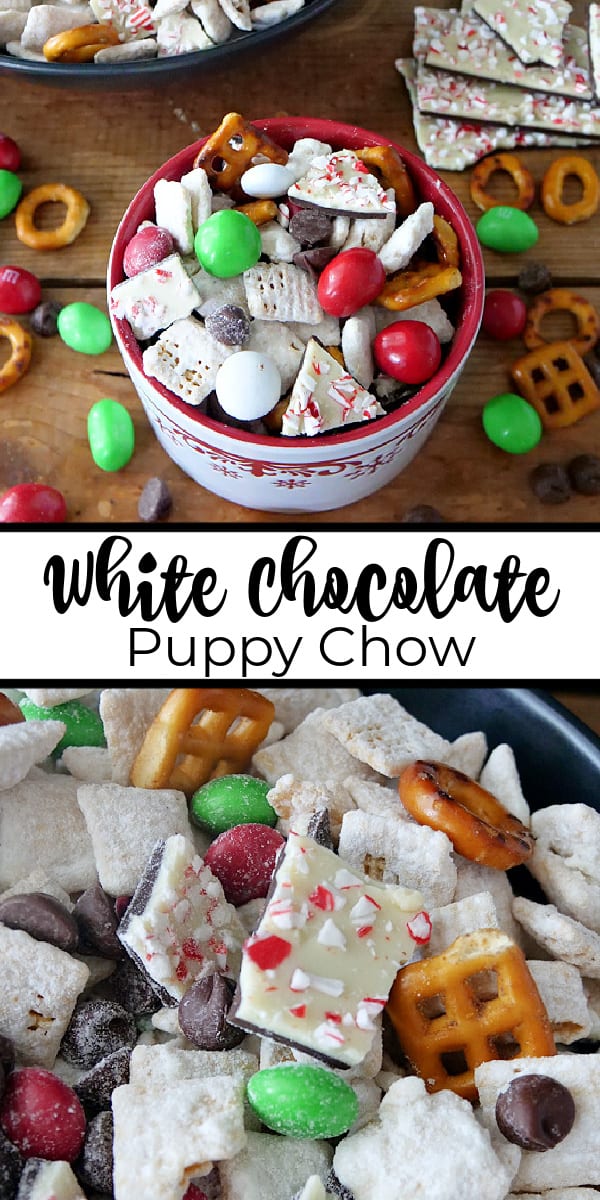 A double collage photo of puppy chow snack mix with the title in the center of the two photos.
