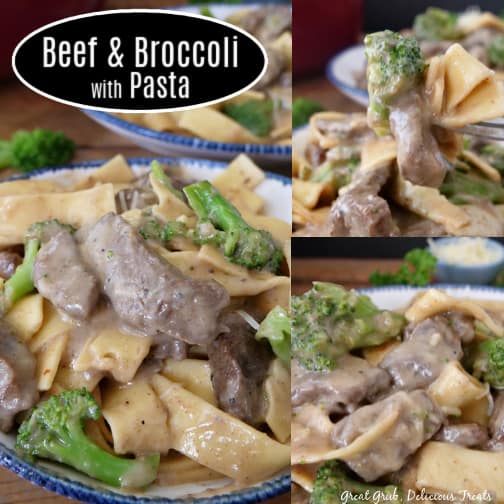 A three photo collage showing different pictures of beef and broccoli pasta in a white bowl. 
